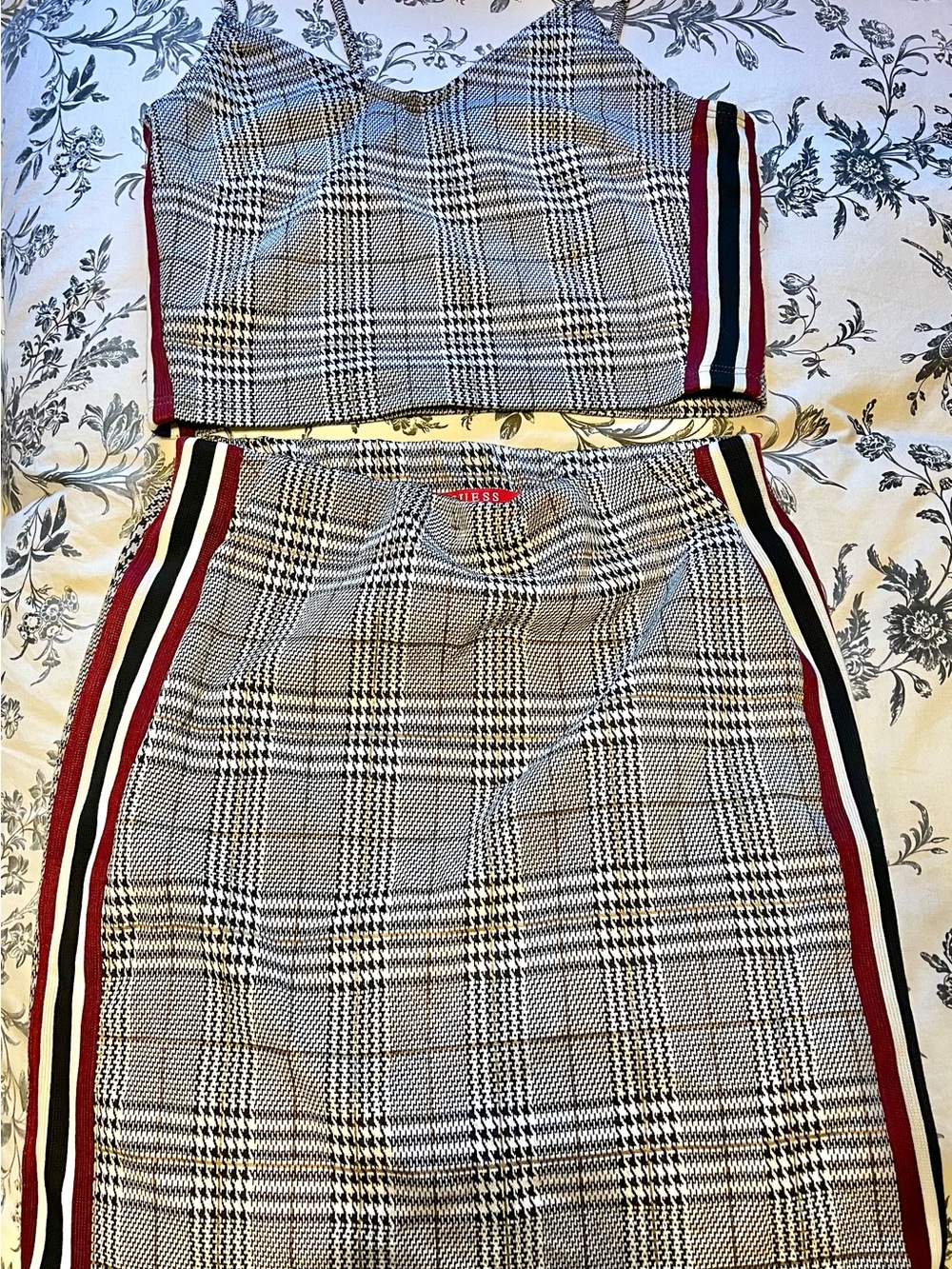 Guess Black, White & Gray Glen Plaid Skirt Set with Red Logo Accent